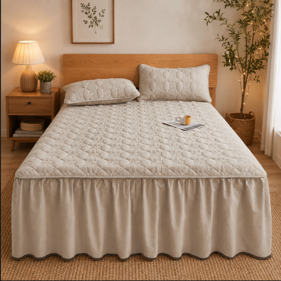 100% Cotton Quilted Bed Skirt with Padded Mattress Cover