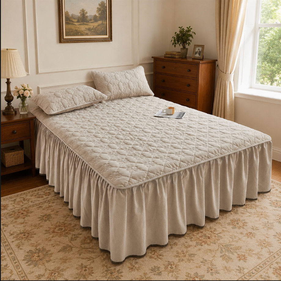 100% Cotton Quilted Bed Skirt with Padded Mattress Cover