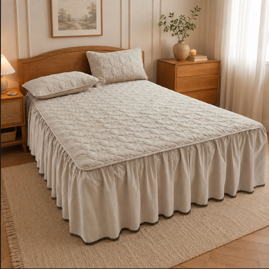 100% Cotton Quilted Bed Skirt with Padded Mattress Cover