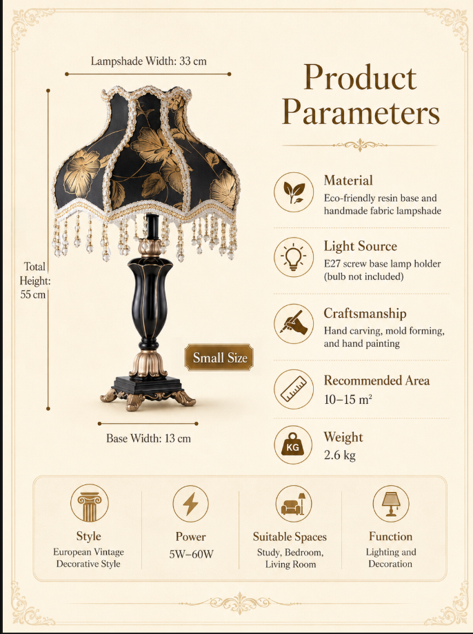 Black Gold Table Lamp with Fabric Shade and Crystal Fringe