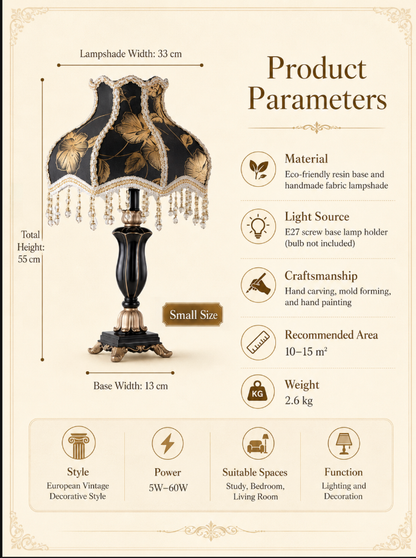 Black Gold Table Lamp with Fabric Shade and Crystal Fringe