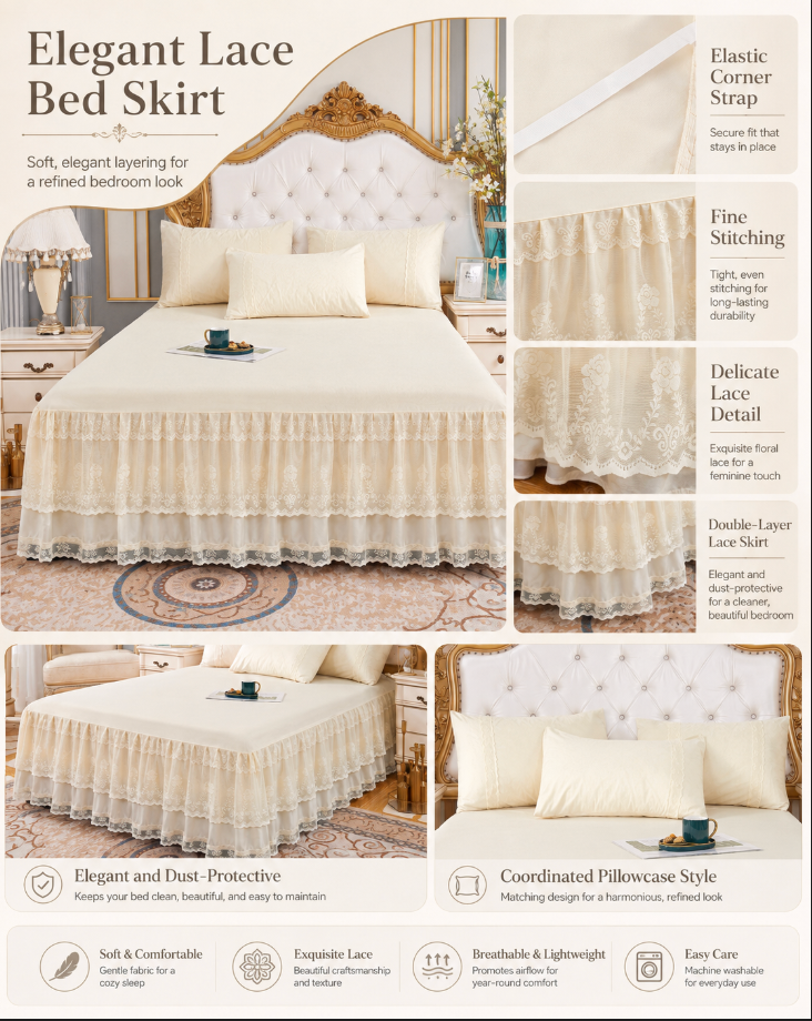 Lace Bedspread with Double Layer Embroidered Bed Skirt and Pillowcases
