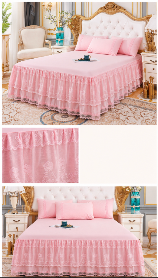 Lace Bedspread with Double Layer Embroidered Bed Skirt and Pillowcases