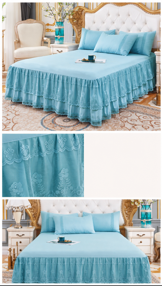 Lace Bedspread with Double Layer Embroidered Bed Skirt and Pillowcases