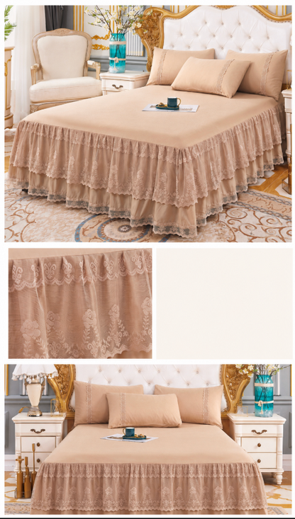 Lace Bedspread with Double Layer Embroidered Bed Skirt and Pillowcases