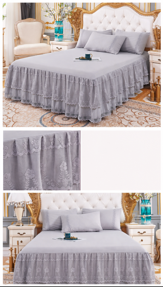 Lace Bedspread with Double Layer Embroidered Bed Skirt and Pillowcases