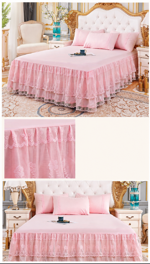 Lace Bedspread with Double Layer Embroidered Bed Skirt and Pillowcases