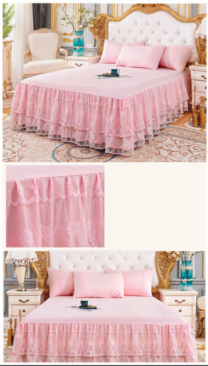Lace Bedspread with Double Layer Embroidered Bed Skirt and Pillowcases