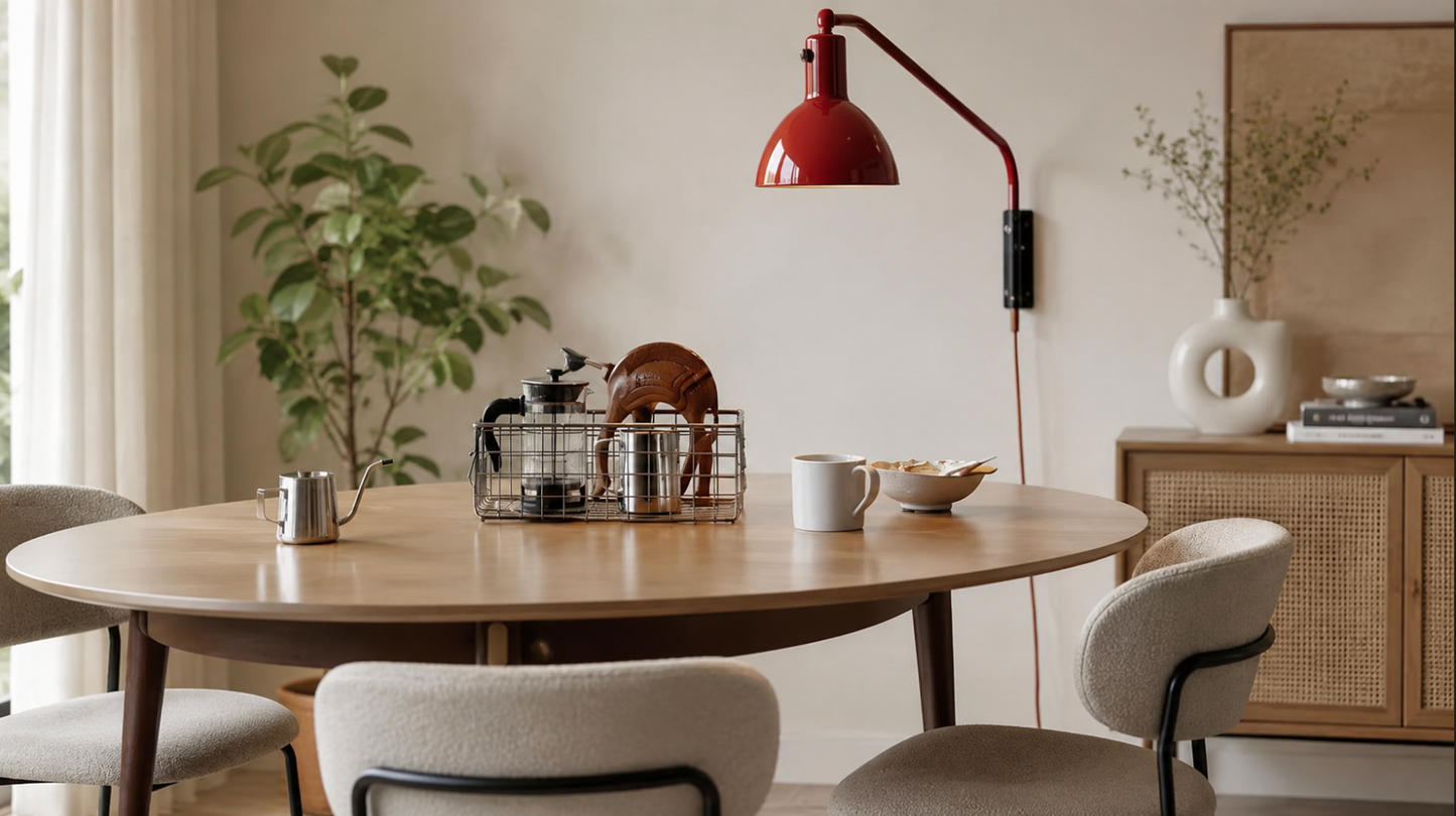 Red Plug In Swing Arm Wall Lamp with Dome Shade