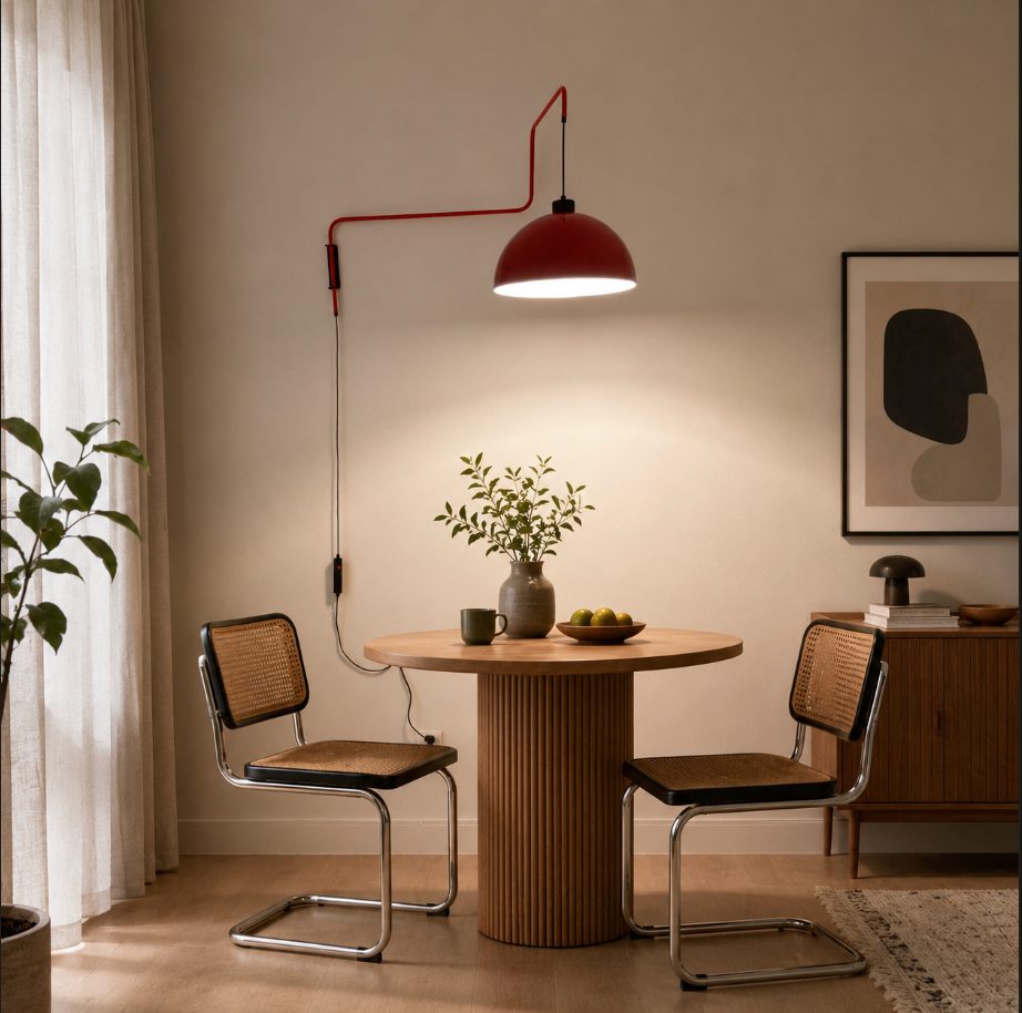 Red Plug In Swing Arm Wall Lamp with Dome Shade