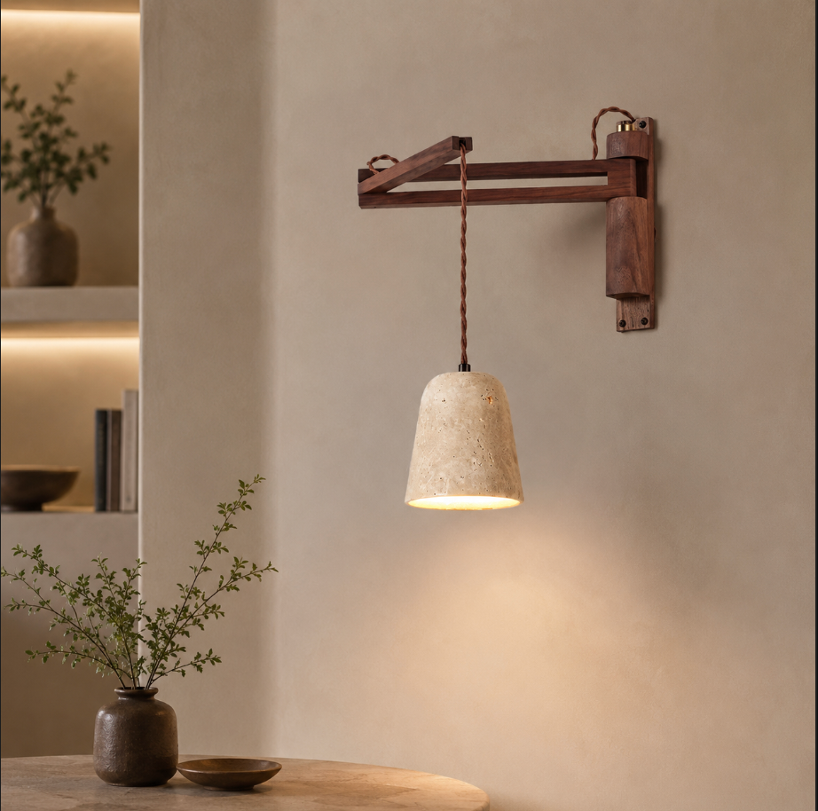 Travertine Swing Arm Wall Sconce in Wabi Sabi Style