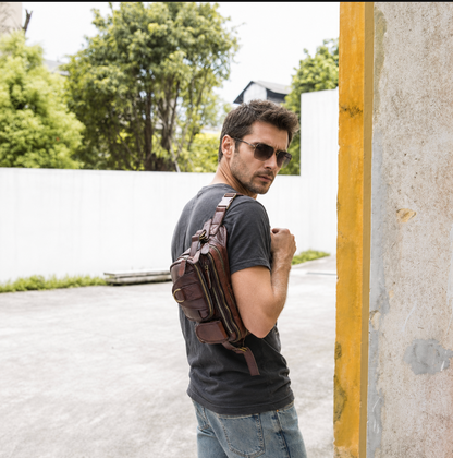 Brown Men’s Leather Waist Bag with Multi Pocket Storage
