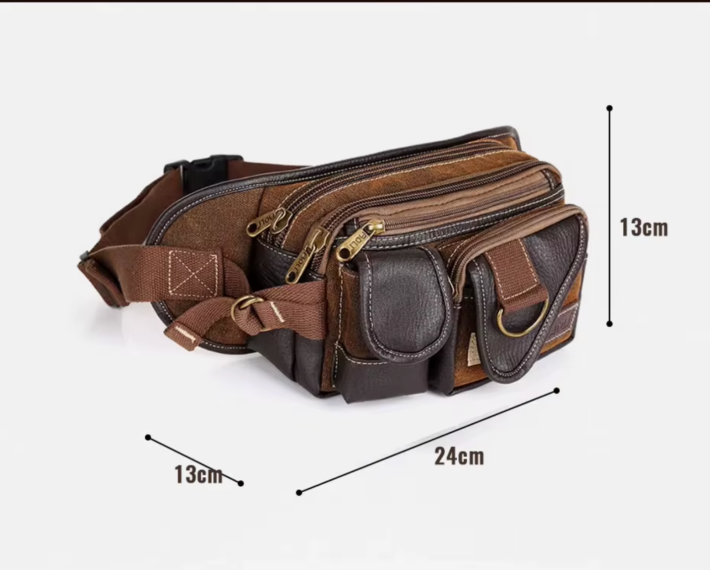 Men’s Canvas Waist Bag with Multi Pocket Leather Trim