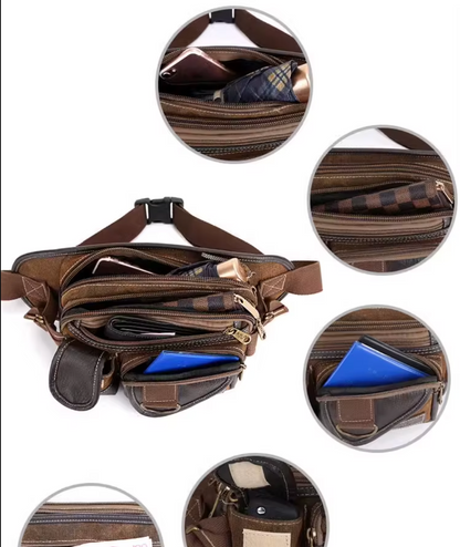 Men’s Canvas Waist Bag with Multi Pocket Leather Trim