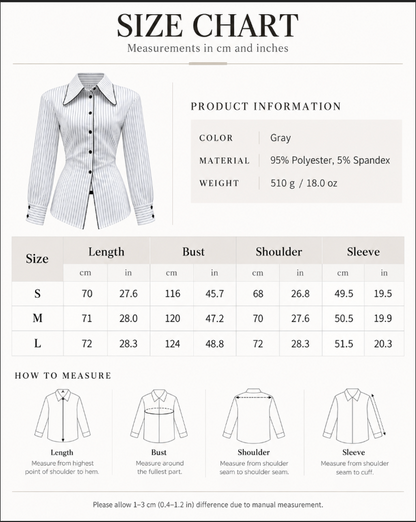 Women’s Pinstripe Waist Tie Shirt with Pointed Collar and Black Trim