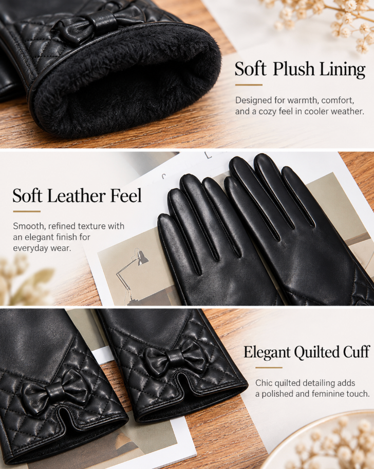 Women’s Leather Gloves for Winter with Fleece Lining and Touchscreen Use