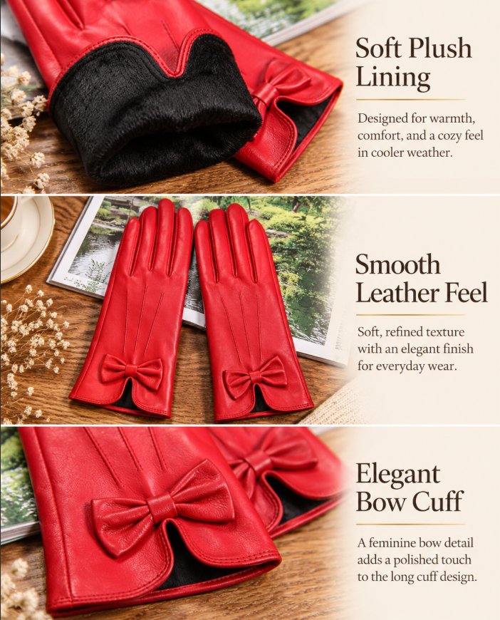 Women’s Leather Gloves for Winter with Lambskin and Bow Detail