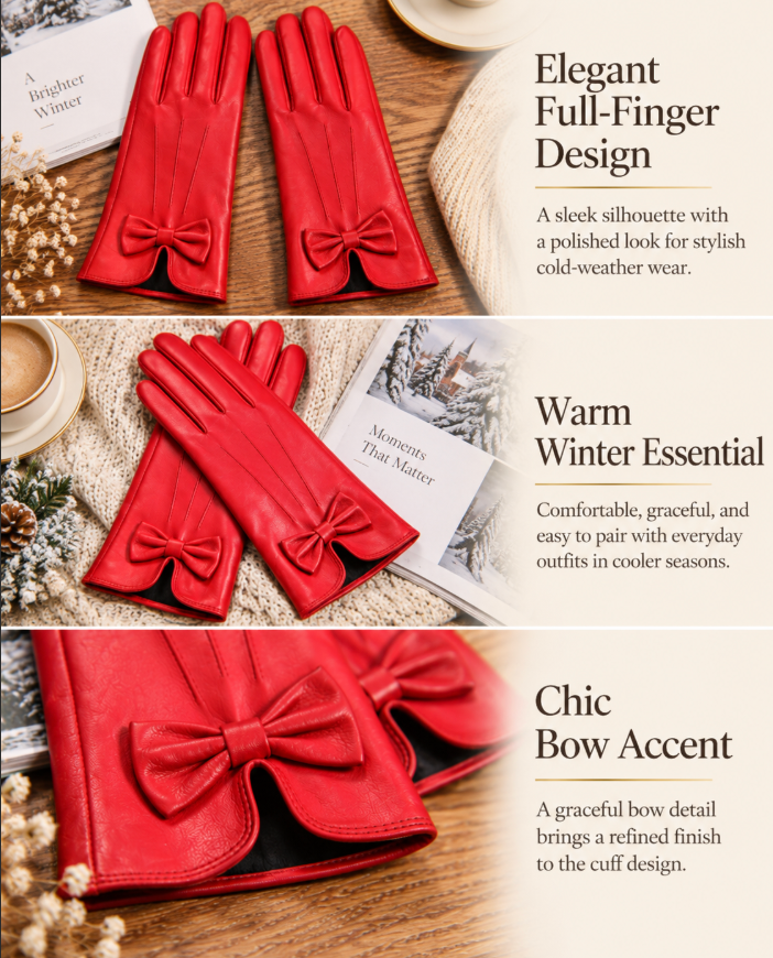 Women’s Leather Gloves for Winter with Lambskin and Bow Detail