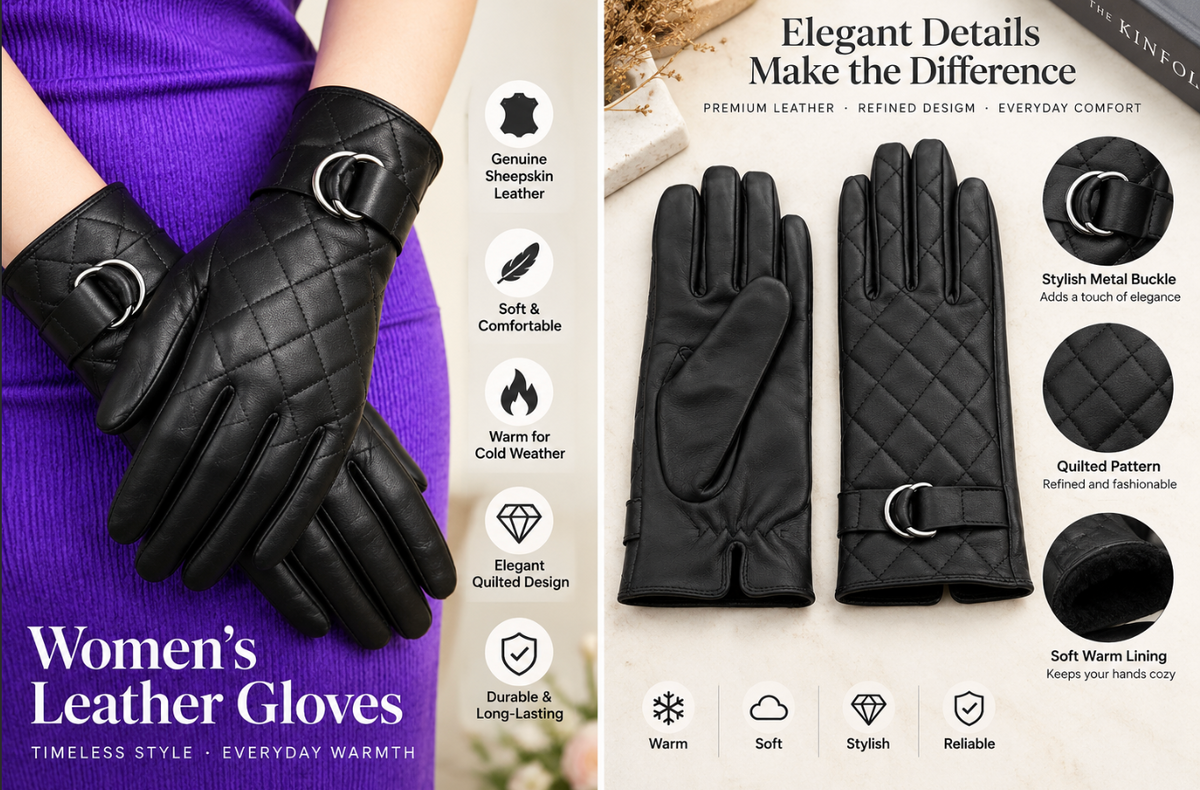 Women’s Leather Gloves for Winter with Quilted Lambskin and Touchscreen Use