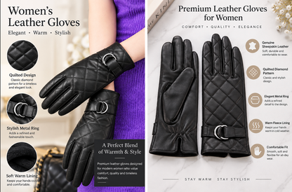 Women’s Leather Gloves for Winter with Quilted Lambskin and Touchscreen Use