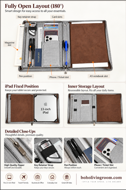 Leather Tablet Organizer for 13-Inch iPad with Crocodile Pattern