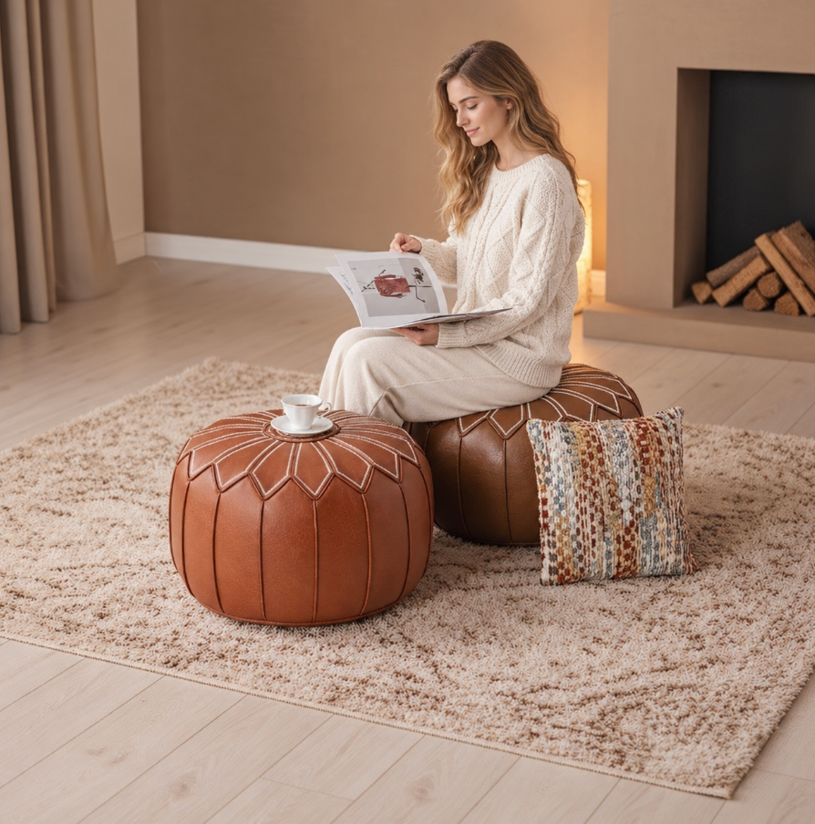 Round Faux Leather Pouf Ottoman Cover with Pumpkin Stitching