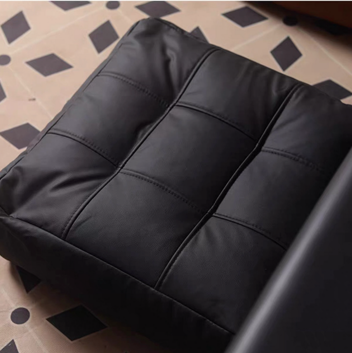 Round Faux Leather Pouf Ottoman Cover for Living Room Black