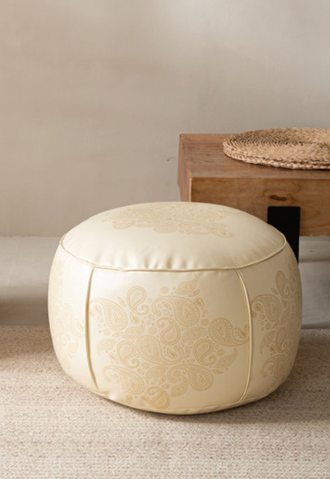 Round Faux Leather Pouf Ottoman with Moroccan Embossed Print