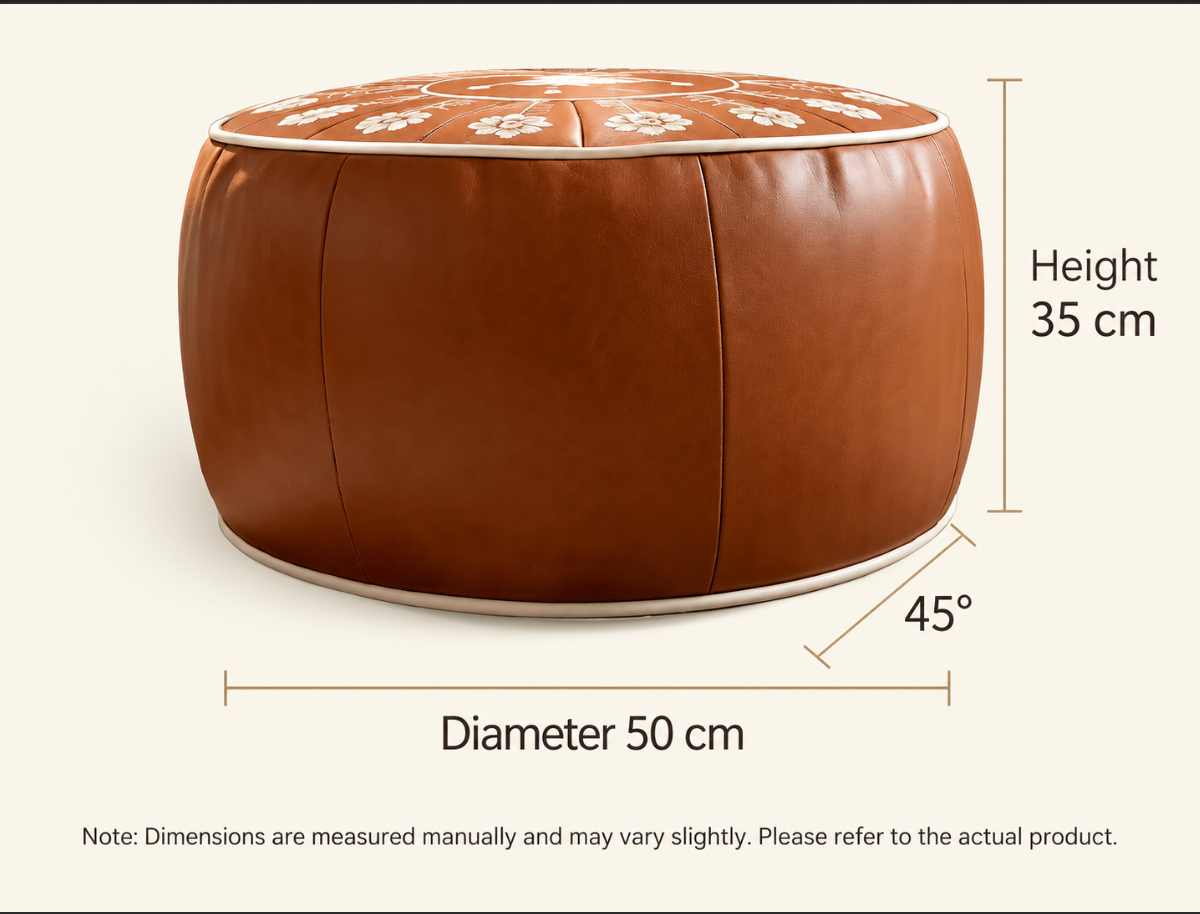Faux Leather Pouf Ottoman with White Floral Embroidery for Living Rooms