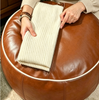Faux Leather Pouf Ottoman with White Floral Embroidery for Living Rooms