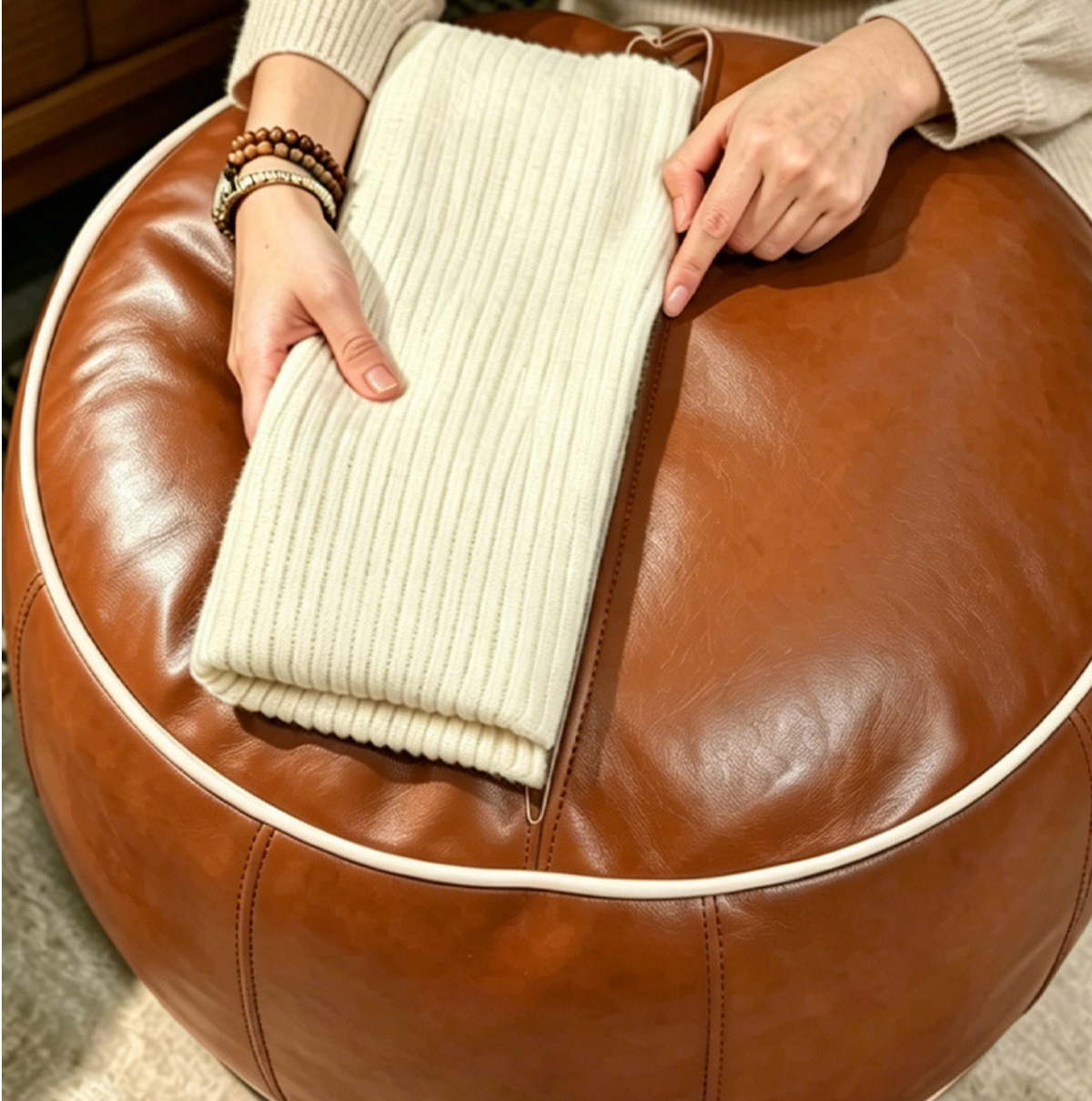 Faux Leather Pouf Ottoman with White Floral Embroidery for Living Rooms