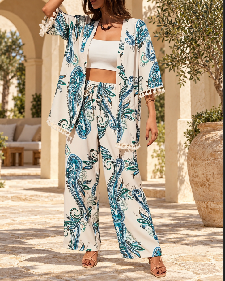 Women's Paisley Two Piece Set with Wide Leg Pants