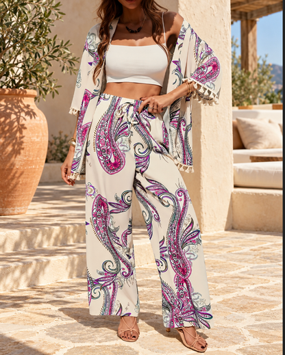 Women's Paisley Two Piece Set with Wide Leg Pants