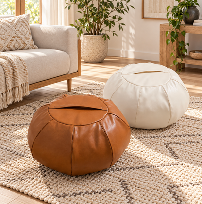 Faux Leather Pouf Ottoman with Waxed Finish and Pumpkin Shape