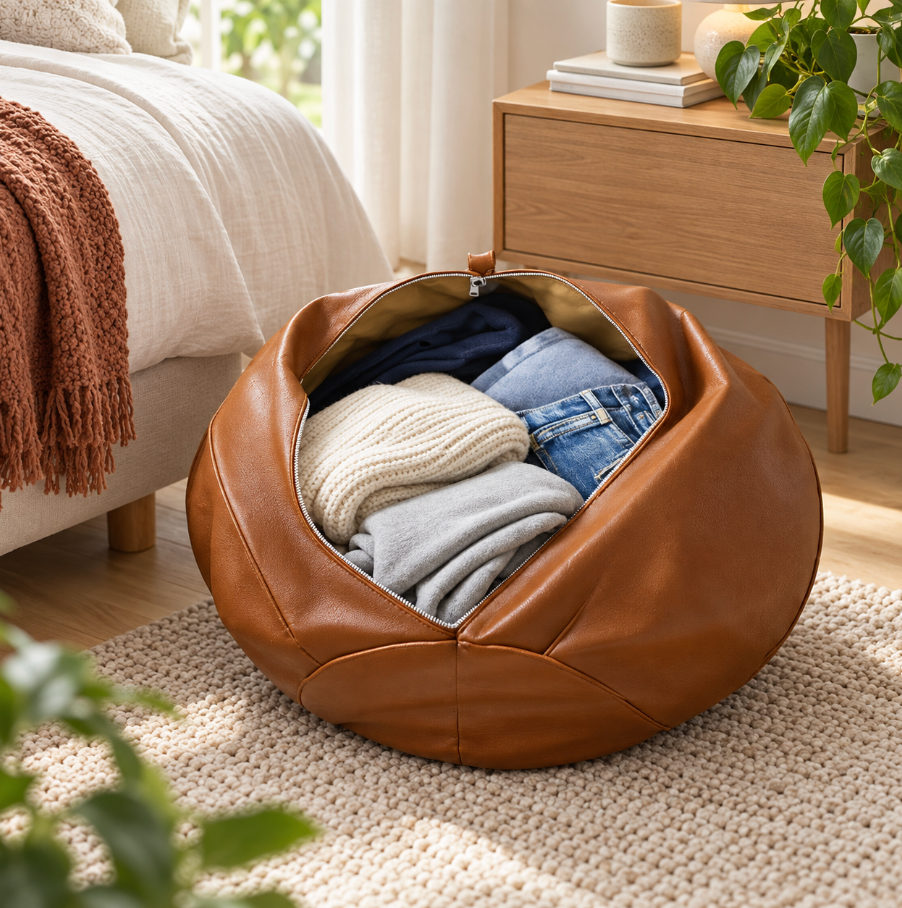 Faux Leather Pouf Ottoman with Waxed Finish and Pumpkin Shape