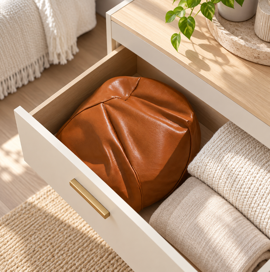 Faux Leather Pouf Ottoman with Waxed Finish and Pumpkin Shape