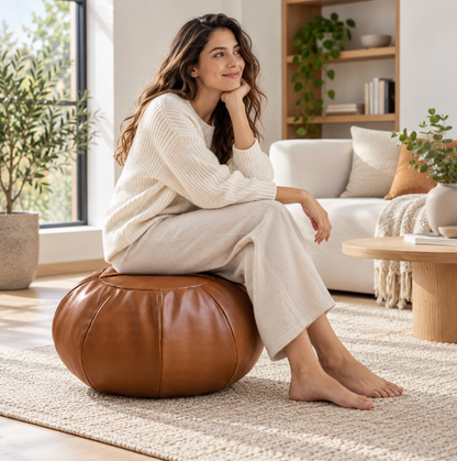 Faux Leather Pouf Ottoman with Waxed Finish and Pumpkin Shape
