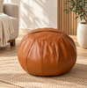 Faux Leather Pouf Ottoman with Waxed Finish and Pumpkin Shape