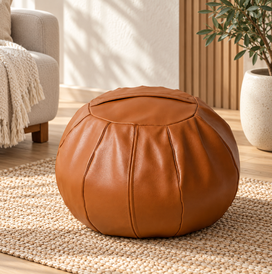 Faux Leather Pouf Ottoman with Waxed Finish and Pumpkin Shape