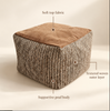Pouffe Stool with Soft Brown Top and Textured Woven Sides