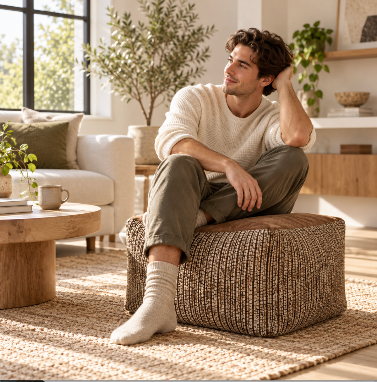 Pouffe Stool with Soft Brown Top and Textured Woven Sides