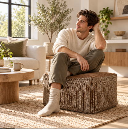 Pouffe Stool with Soft Brown Top and Textured Woven Sides