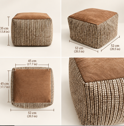 Pouffe Stool with Soft Brown Top and Textured Woven Sides