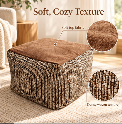Pouffe Stool with Soft Brown Top and Textured Woven Sides