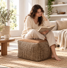 Pouffe Stool with Soft Brown Top and Textured Woven Sides