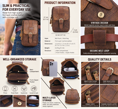 Men’s Leather Waist Bag with Belt Loop for Everyday Carry