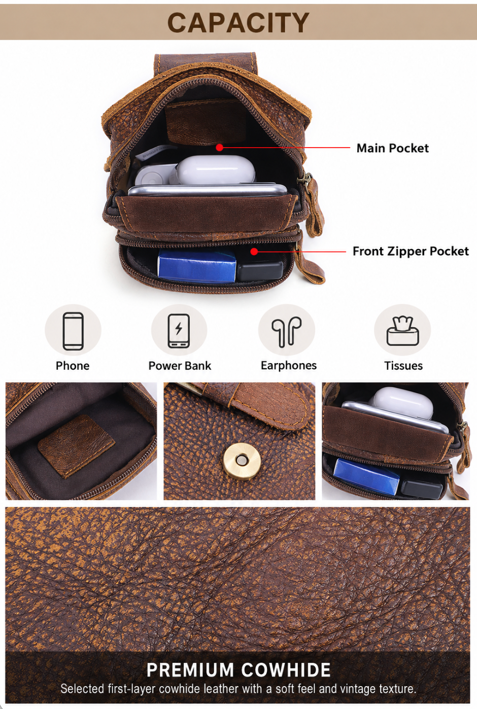 Men’s Leather Waist Bag with Belt Loop for Everyday Carry