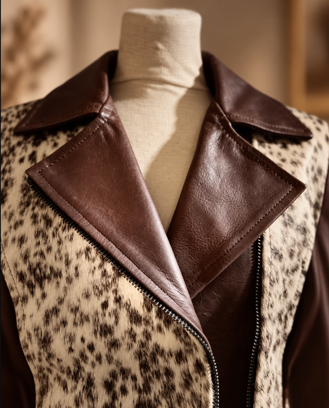 Cowhide Coat for Women in Brown Leather and White Hair-on Hide