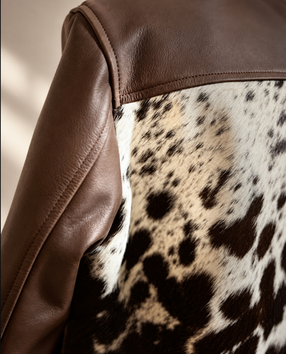 Cowhide Coat for Women in Brown Leather and White Hair-on Hide