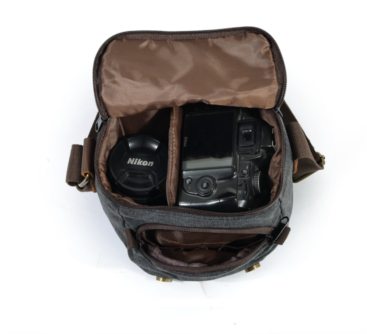 Small Canvas Camera Bag with Top-Grain Cowhide and Dividers